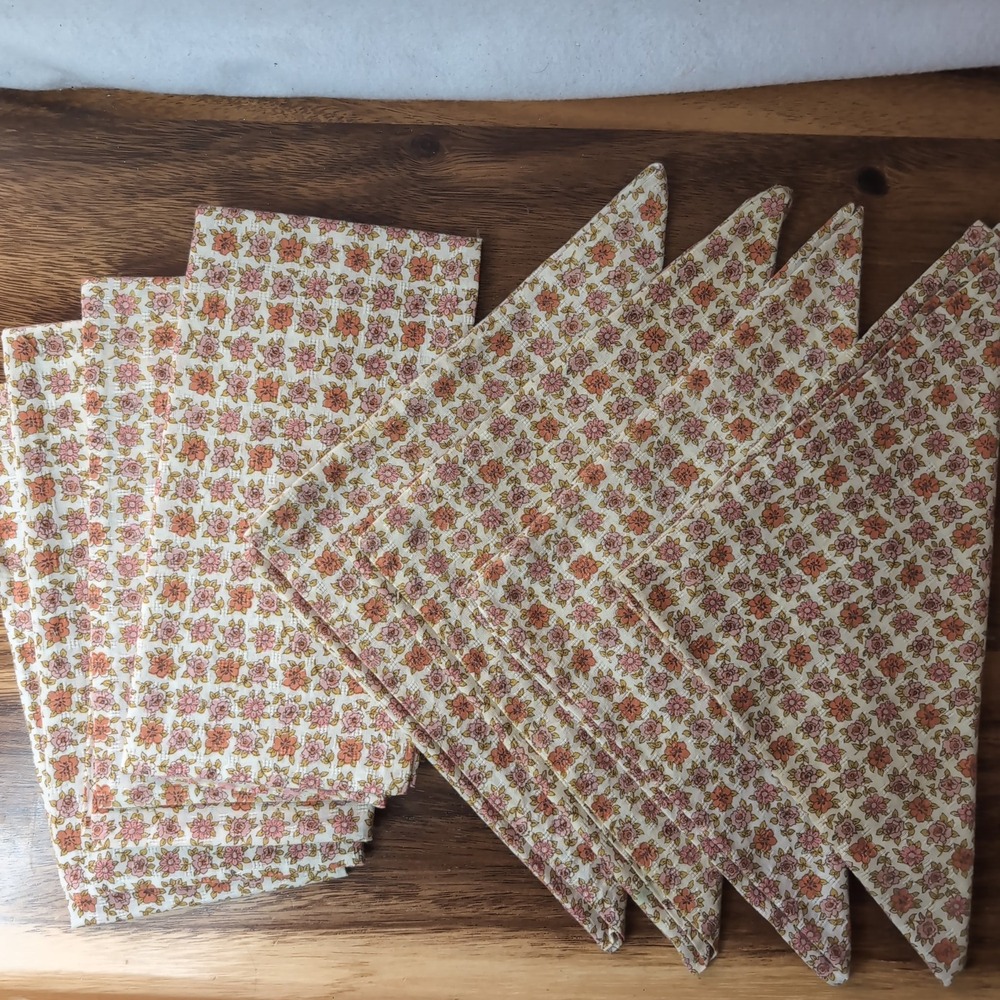 Vintage Floral Cloth Napkins Set of 8 Pink Orange Rose Print Cottagecore 16x16